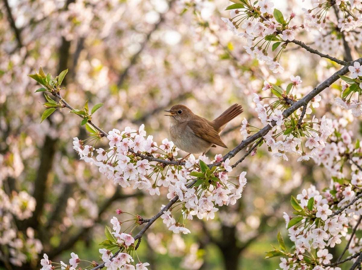 A nightingale perched among white and pink cherry blossoms