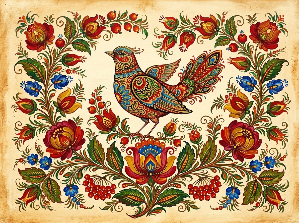 Ukrainian Petrykivka folk painting of a nightingale among flowers and vines