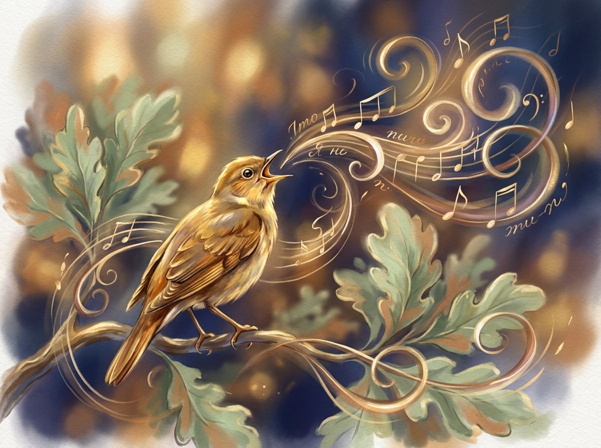 Artistic illustration of a singing nightingale with musical motifs in warm golden tones
