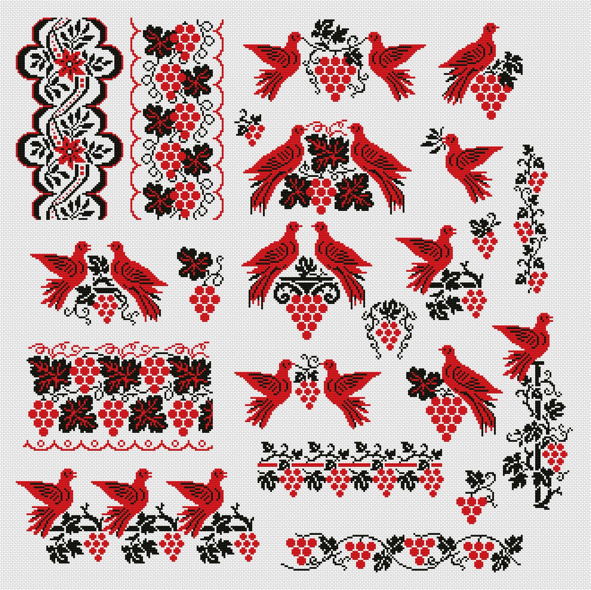 Traditional Ukrainian vyshyvanka embroidery with birds in red and black thread